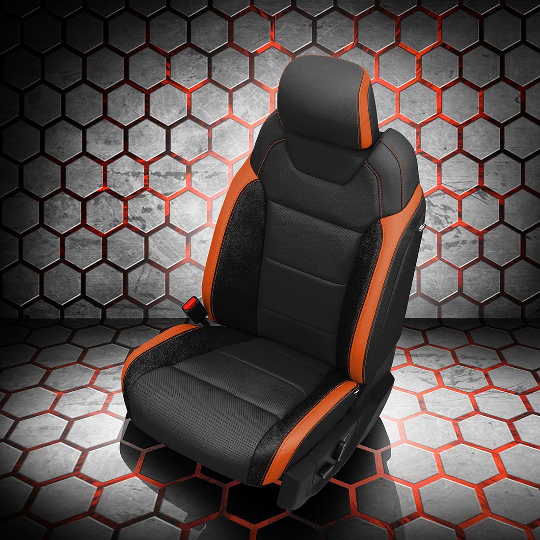 BLACK wrap, Raven Facing, Perf Body, TANGERINE contrast all stitch, TANGERINE wings