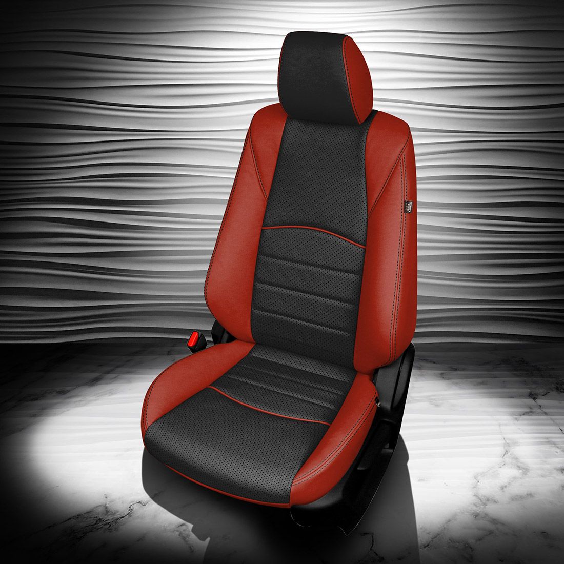 CARDINAL wrap, BLACK Center, Perf Body, BLACK contrast all stitch, CARDINAL wings