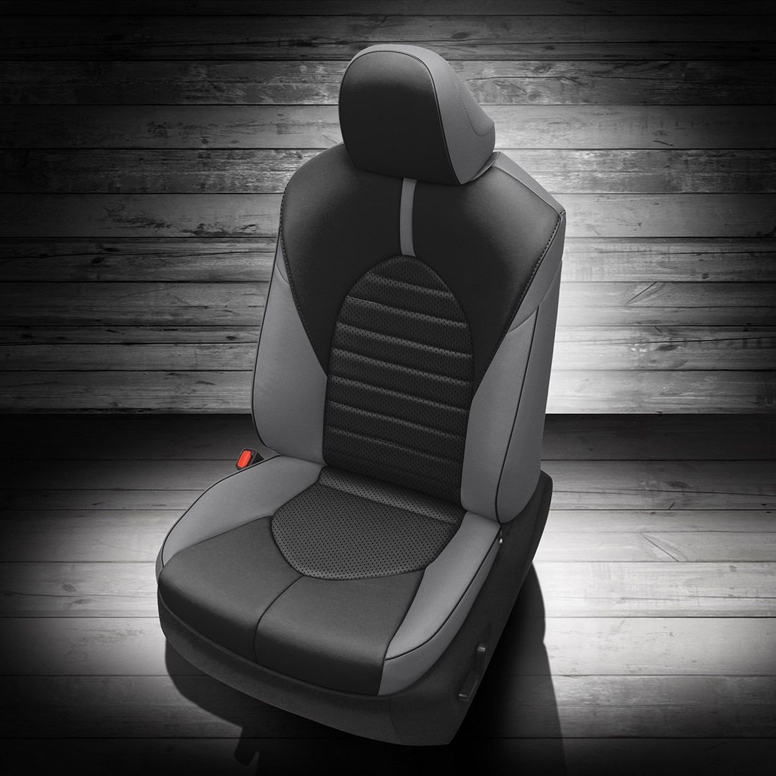 Lunar Grey wrap, Black center, perf insert, Lunar Grey wings, Black contrast all stitch, Black piping