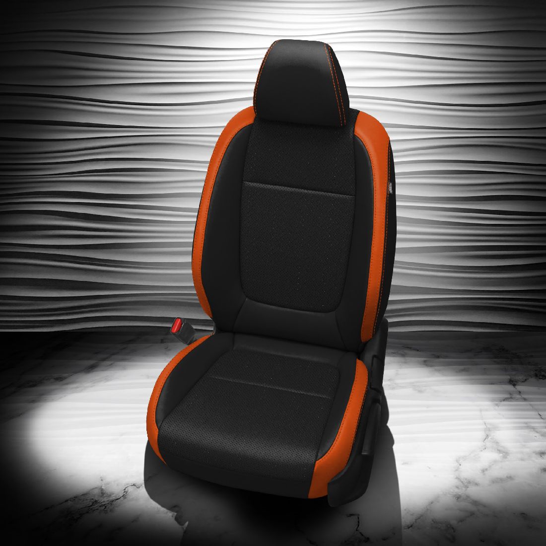 BLACK wrap, TANGERINE Wings, Perf Body, TANGERINE contrast all stitch