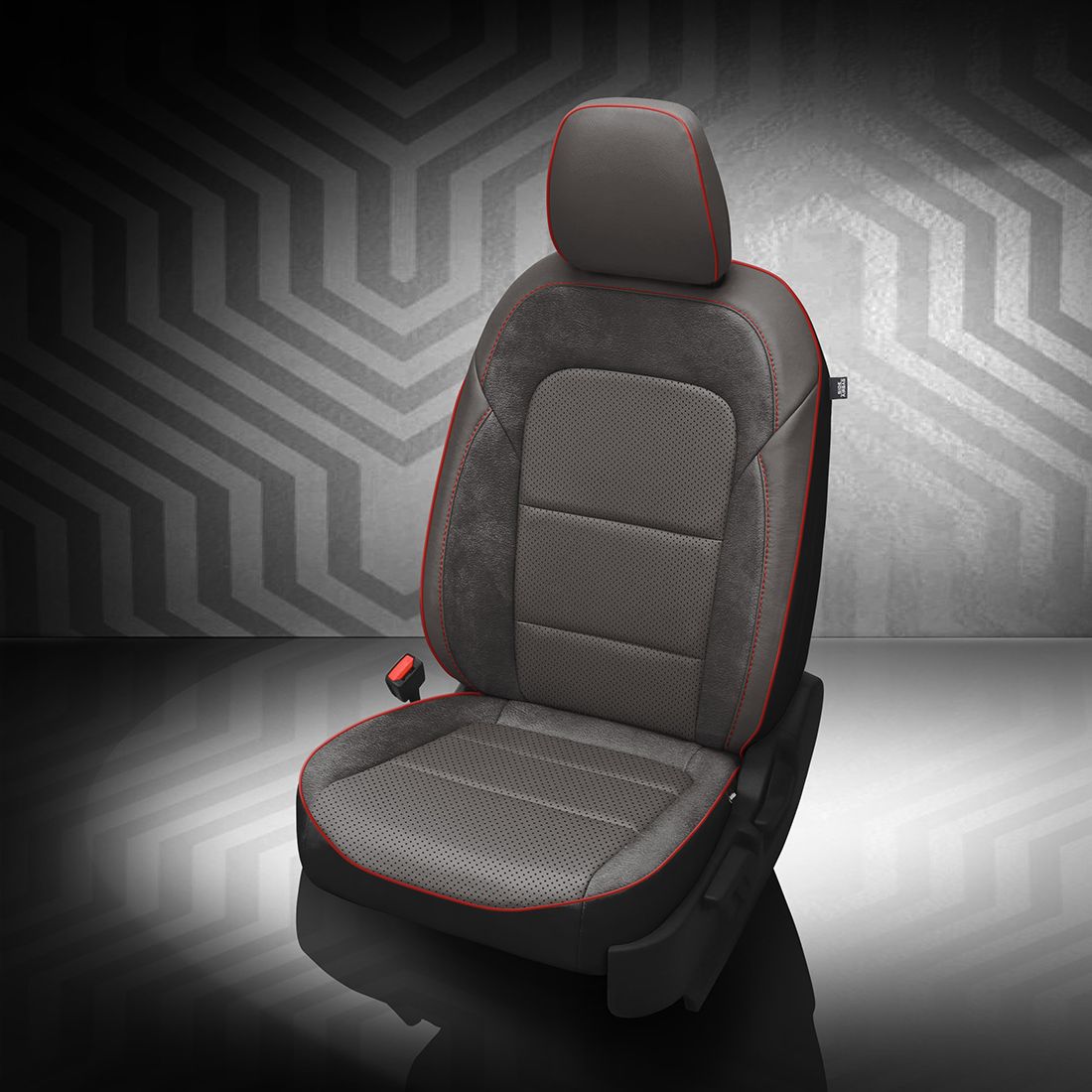 BLACK wrap, LT GREY Facing, Perf Combo, RED piping, ~6929 DARK SLATE wings