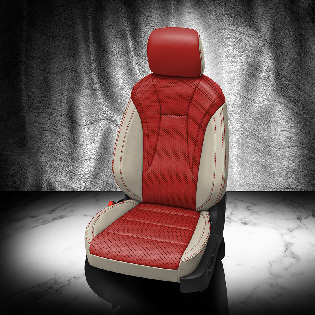 ALABASTER wrap, RED Center, Perf Body, RED contrast all stitch