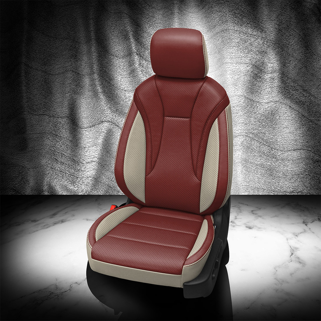 ALABASTER wrap, MED RED Facing, Perf Body & Wings, MED RED contrast all stitch, ALABASTER wings