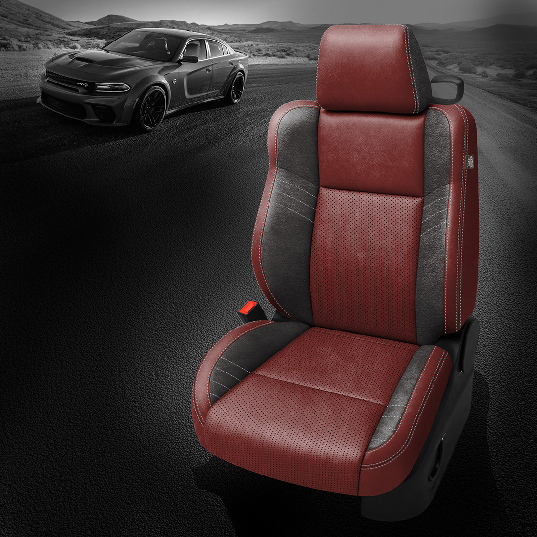 MED RED wrap, ~6929 DARK SLATE Wings, Perf Combo, SILVER contrast all stitch
