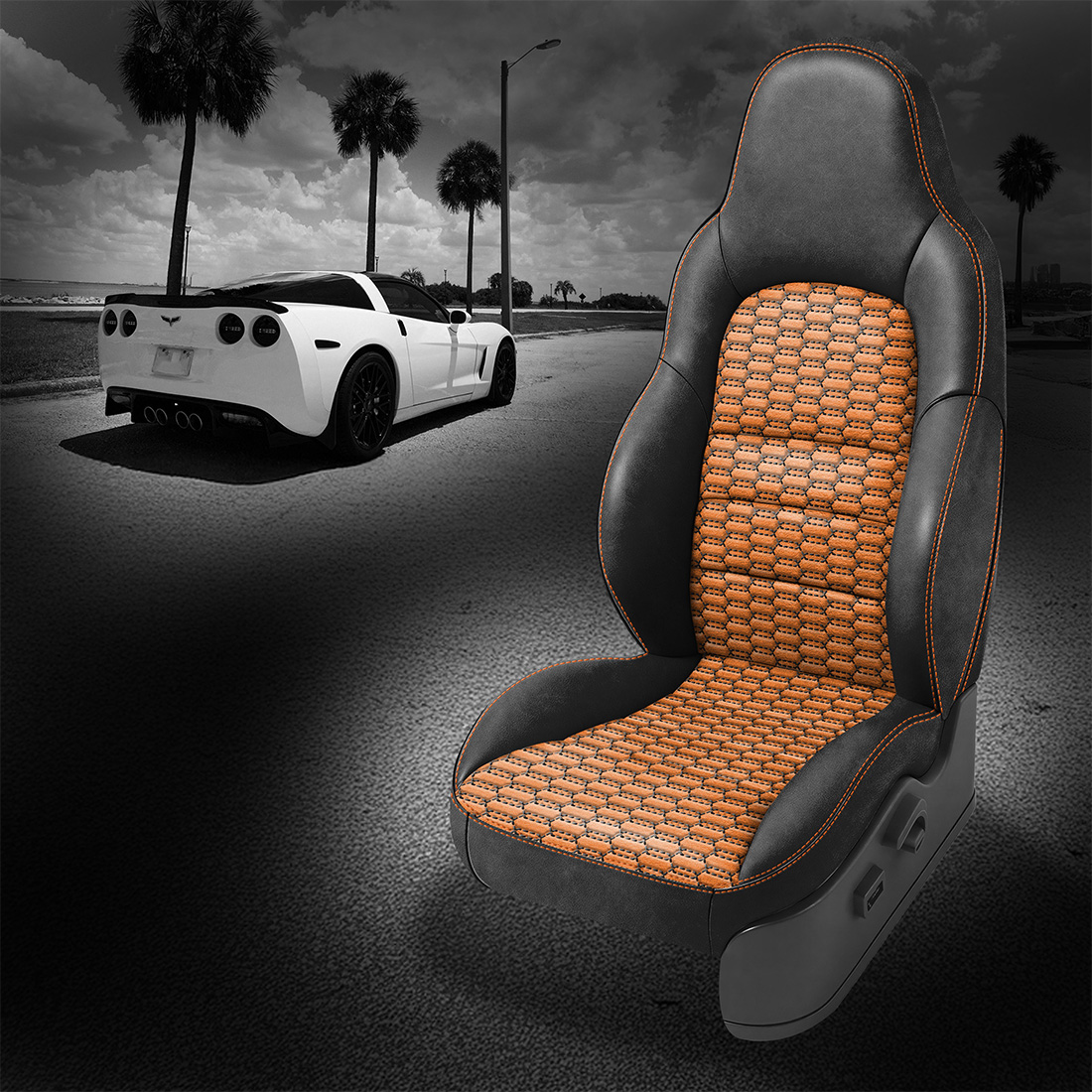 BLACK wrap, ~3032 MANGO Combo, CITRUS ORANGE contrast all stitch, Tek Stitch DOUBLE HEX COMBO, BLACK TekColor